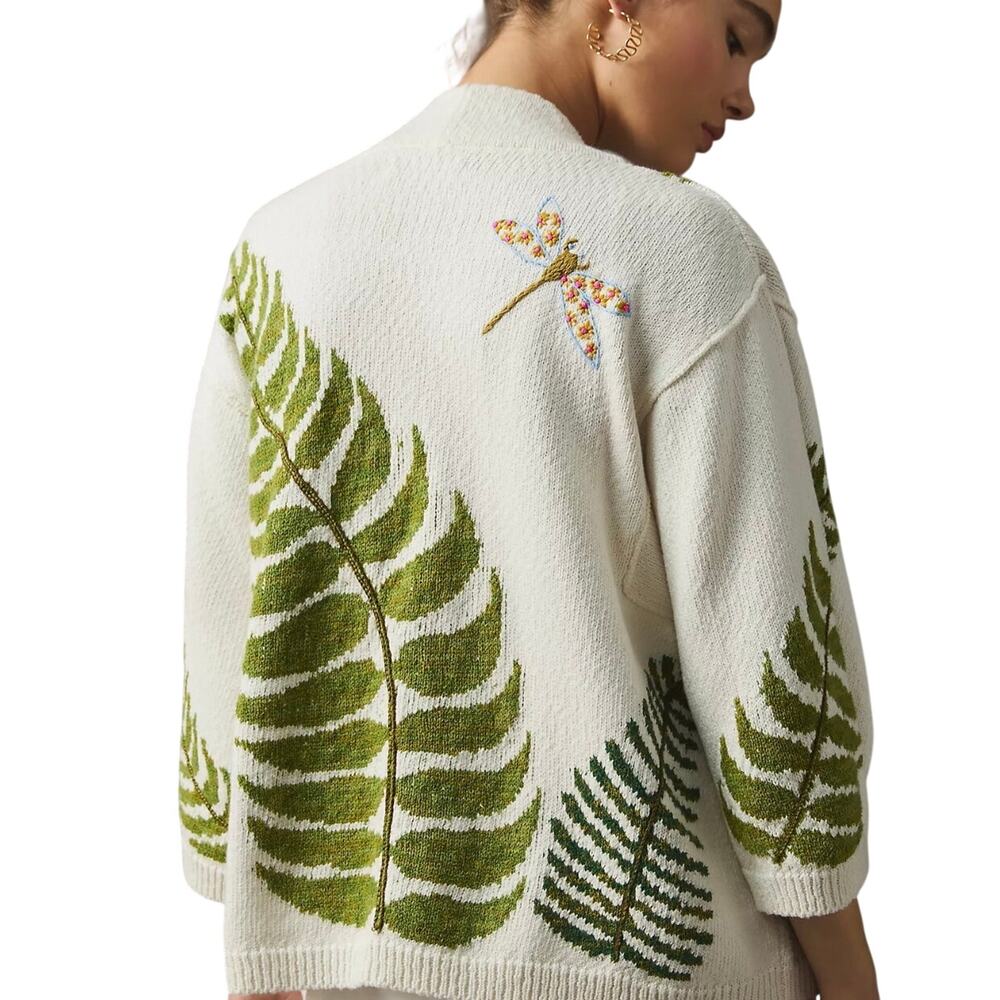 Anthropologie Dragon Fly Fern Slouchy Cotton Blend Kimono Cardigan Cream M/L